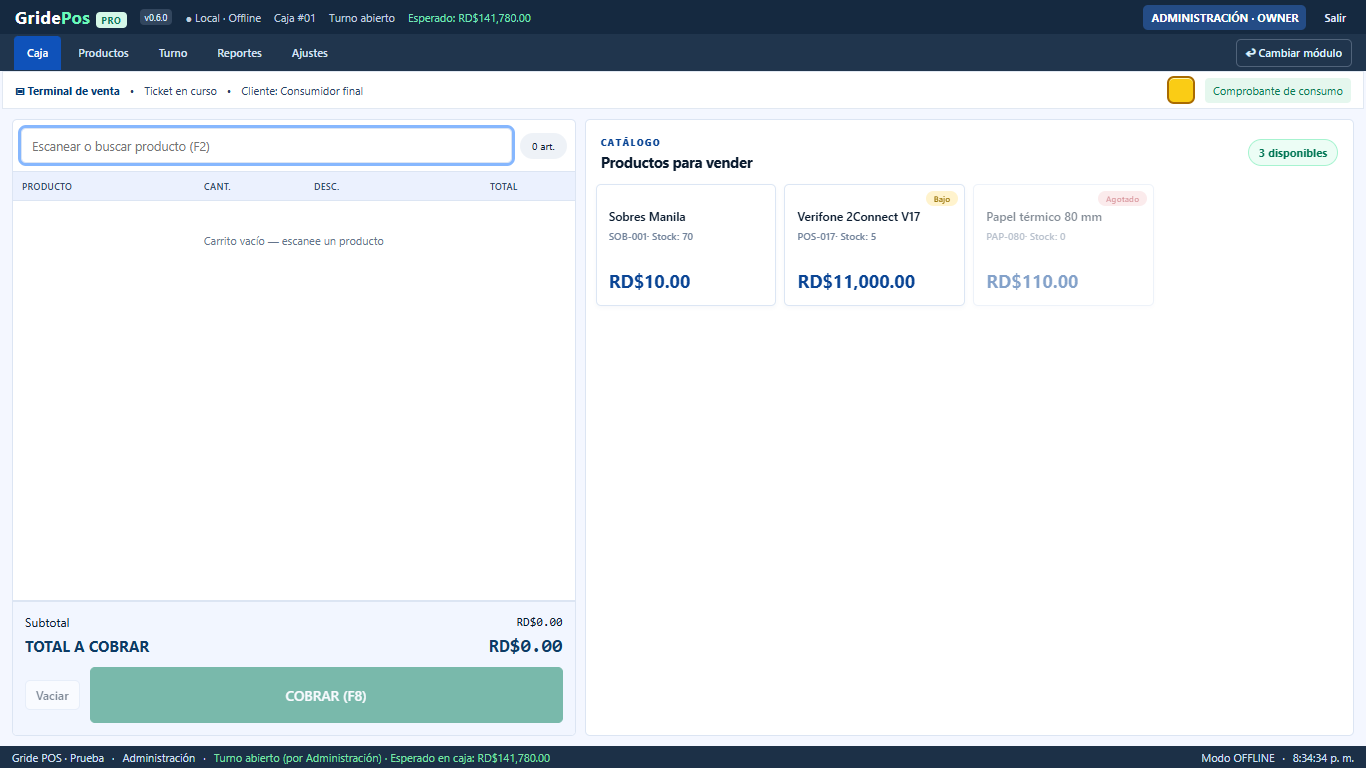 Interfaz del punto de venta de la suite GridePos en edición Pro, con datos de demostración.