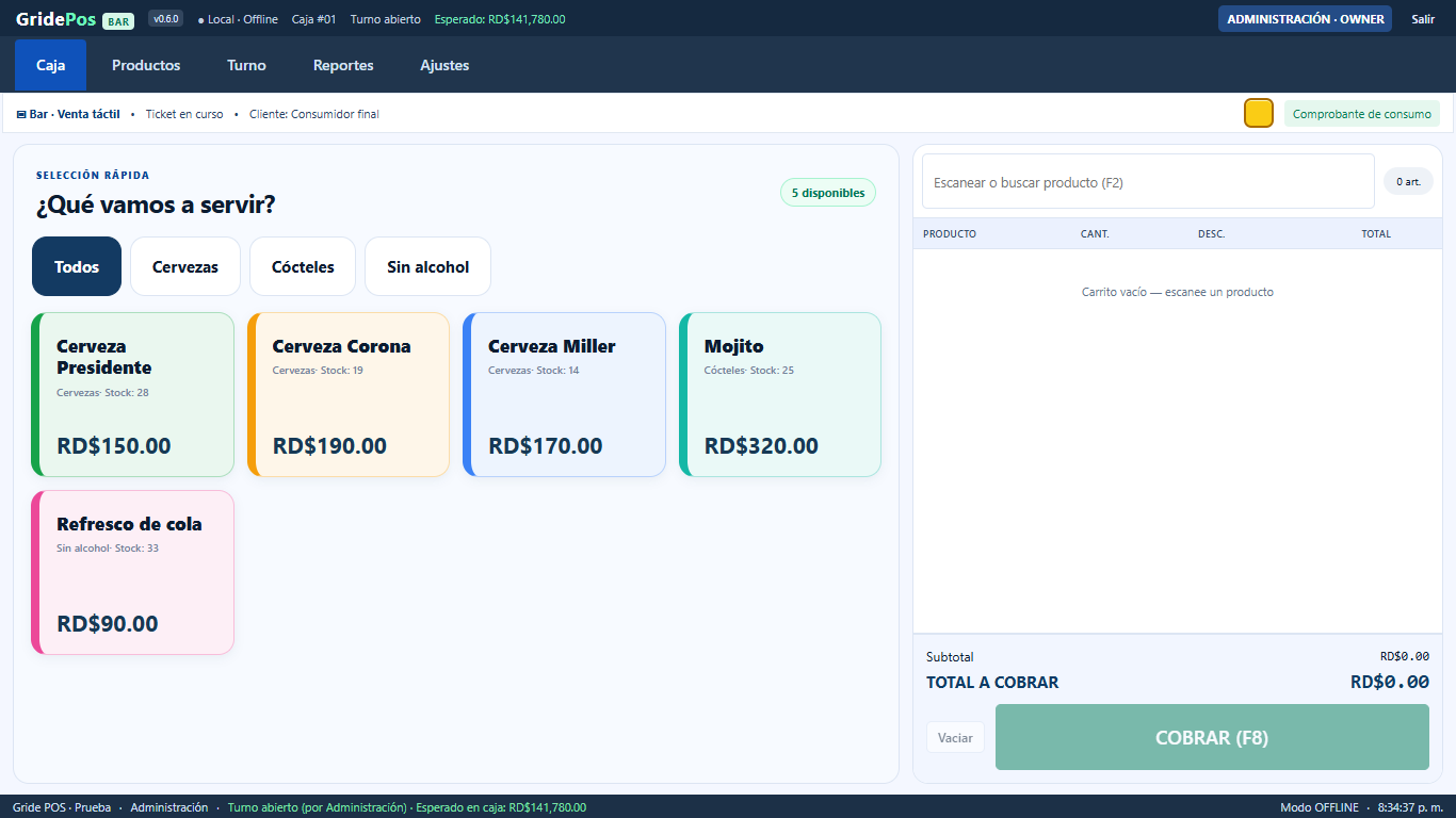 Catálogo táctil de GridePos BAR con productos ficticios de demostración.
